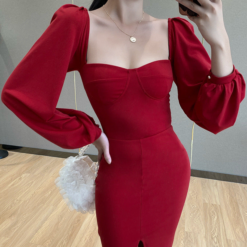 Square Collar Bubble Sleeve Slit Leg Party Bodycon Midi Dresses Black