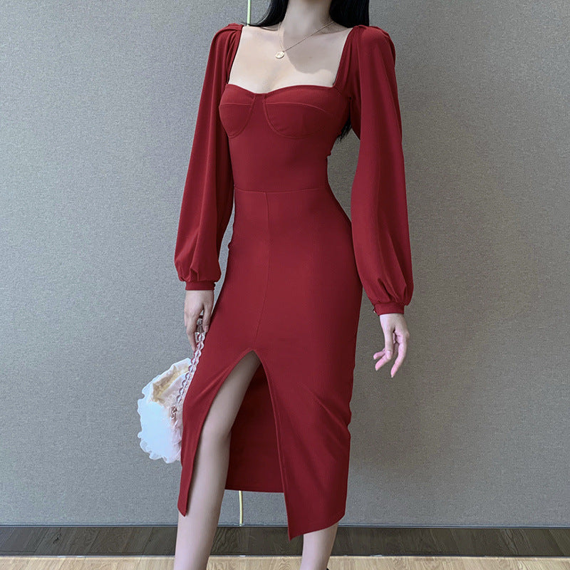 Square Collar Bubble Sleeve Slit Leg Party Bodycon Midi Dresses Black