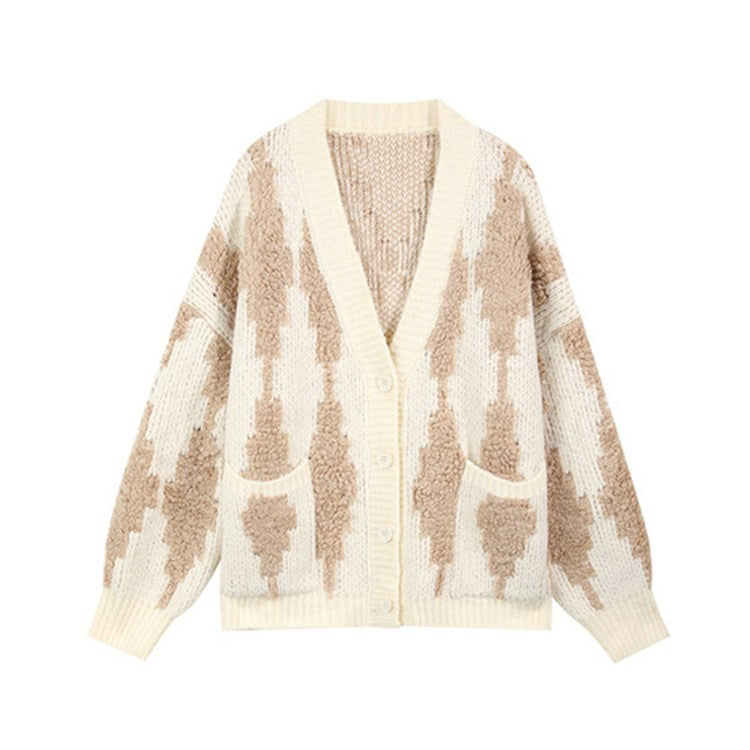 V-neck Single-breasted Contrast Color Argyle Pattern Cardigan Sweater