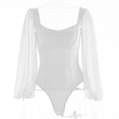 Solid v neck long sleeve mesh backless bodysuit