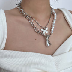 Butterfly faux pearl beaded chain 2 pcs pendant necklace