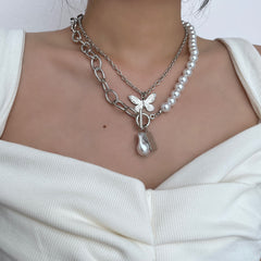 Butterfly faux pearl beaded chain 2 pcs pendant necklace