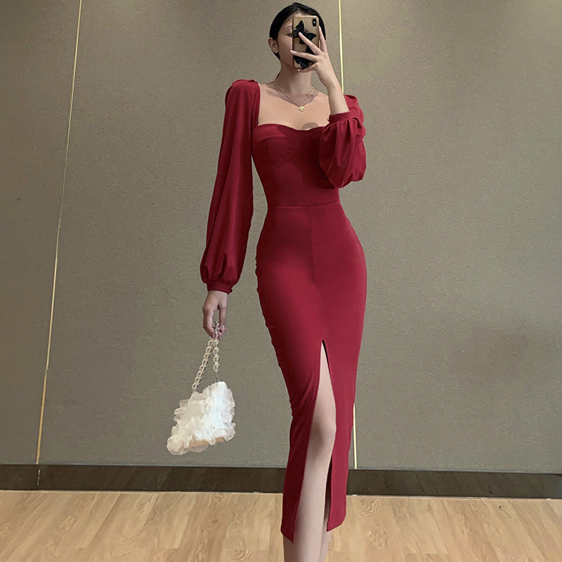 Square Collar Bubble Sleeve Slit Leg Party Bodycon Midi Dresses