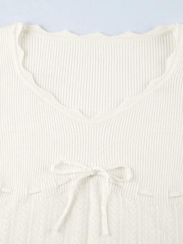 French Solid Pointelle Wavy Trim Lacing Sweater