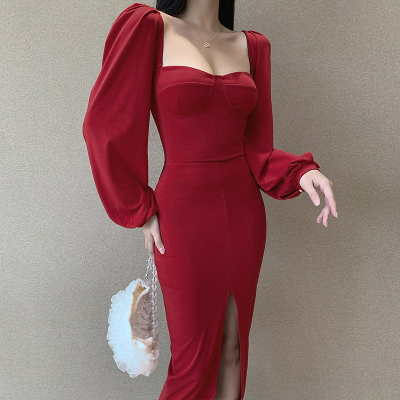 Square Collar Bubble Sleeve Slit Leg Party Bodycon Midi Dresses Black