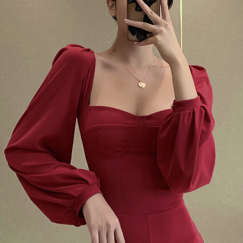 Square Collar Bubble Sleeve Slit Leg Party Bodycon Midi Dresses Black