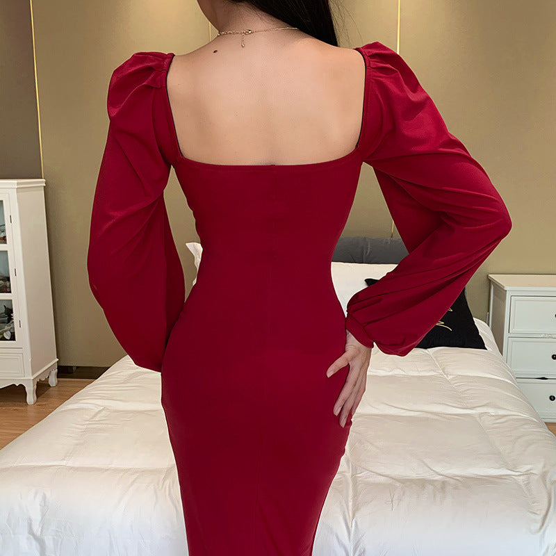 Square Collar Bubble Sleeve Slit Leg Party Bodycon Midi Dresses Black
