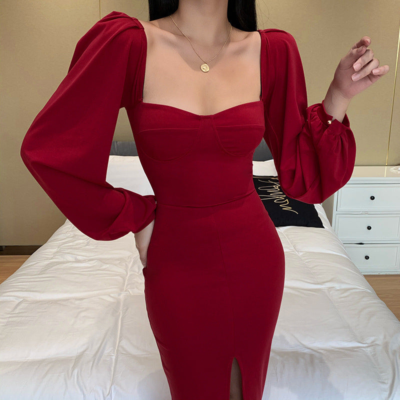 Square Collar Bubble Sleeve Slit Leg Party Bodycon Midi Dresses Black