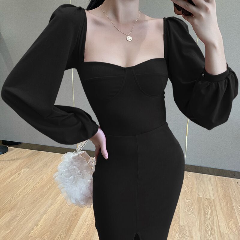 Square Collar Bubble Sleeve Slit Leg Party Bodycon Midi Dresses