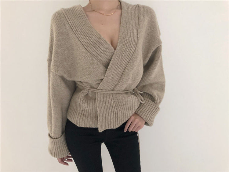 V-neck Lace-up Pit Striped Splicing Sweaters