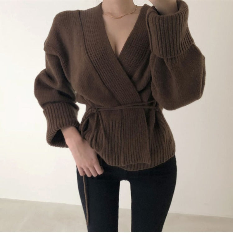 V-neck Lace-up Pit Striped Splicing Sweaters