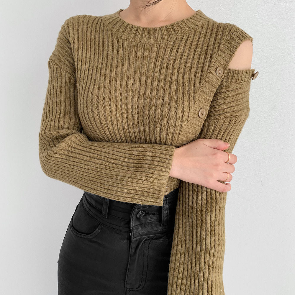 Stripe Button Strapless Splicing Knit Sweater