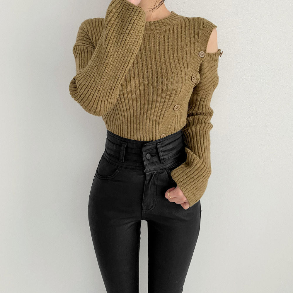 Stripe Button Strapless Splicing Knit Sweater