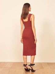 Square Collar Ribbed Knit Bodycon Midi Dresses