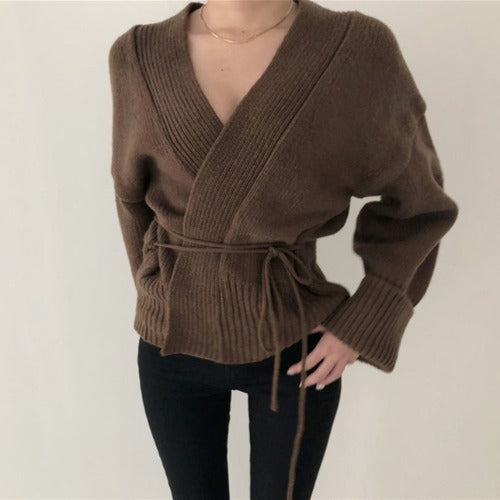 V-neck Lace-up Pit Striped Splicing Sweaters