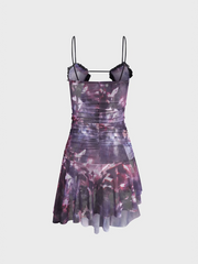 Ruched ruffle slit sheer mesh hollow out cami mini dress