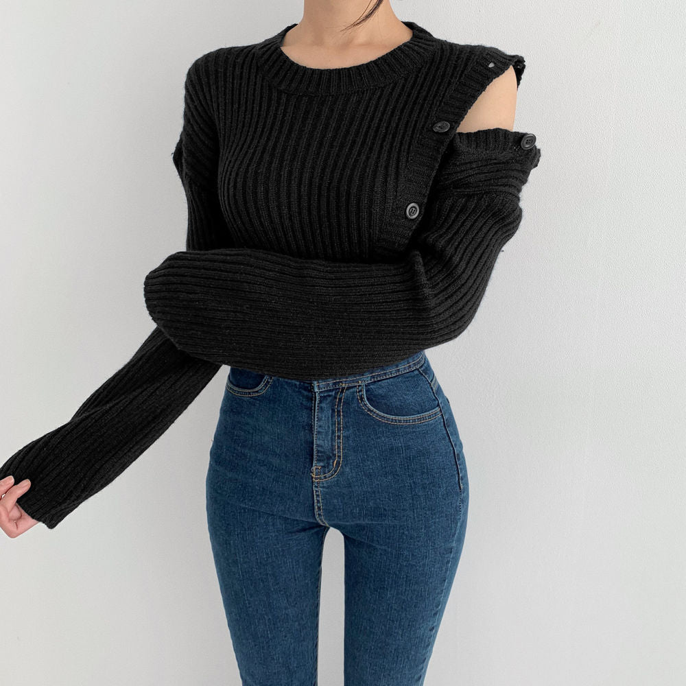 Stripe Button Strapless Splicing Knit Sweater