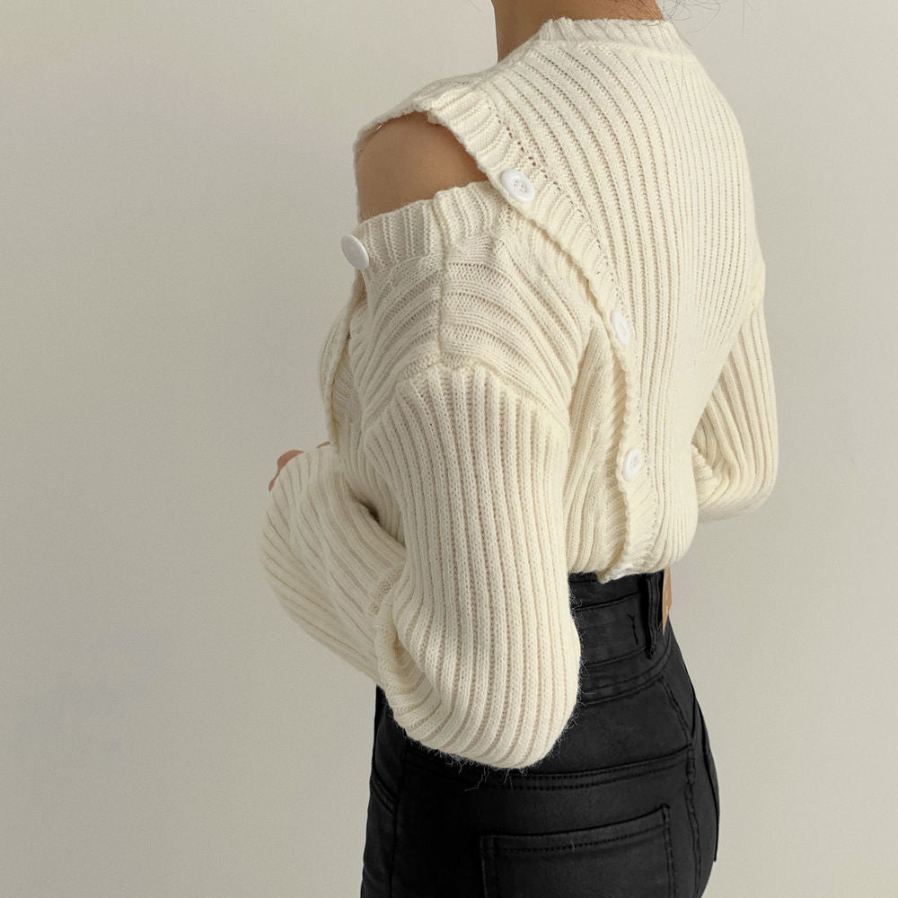 Stripe Button Strapless Splicing Knit Sweater