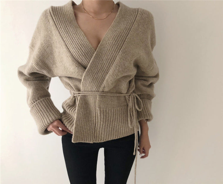 V-neck Lace-up Pit Striped Splicing Sweaters