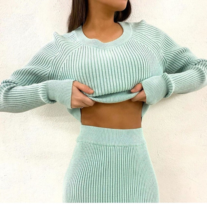 Splicing Elastic Waist Bodycon Sweater Dresses Crop Tops Skirt Two-piece