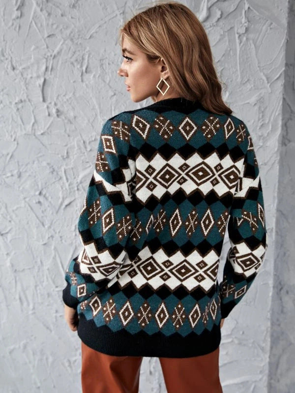 V-neck Plaid Argyle Pattern Knit Cardigan Sweater Outerwear