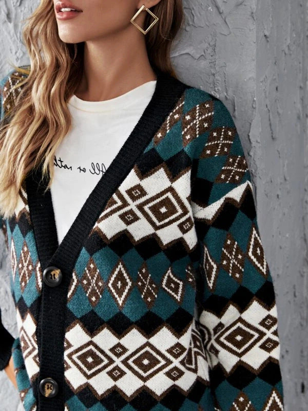 V-neck Plaid Argyle Pattern Knit Cardigan Sweater Outerwear