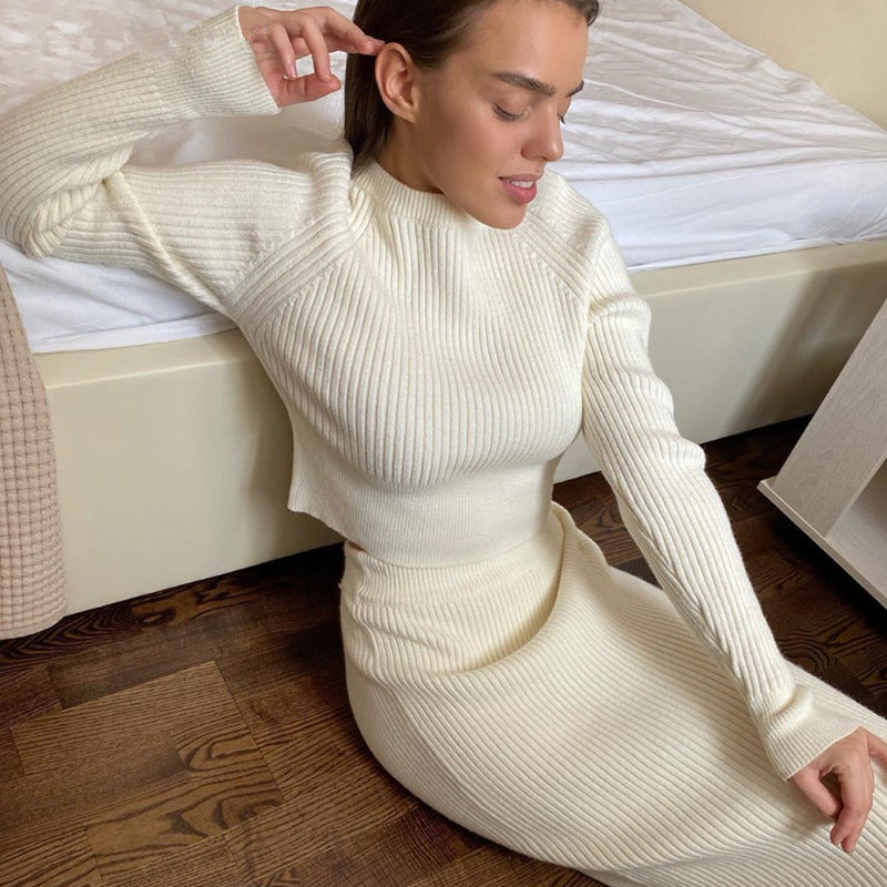 Splicing Elastic Waist Bodycon Sweater Dresses Crop Tops Skirt Two-piece