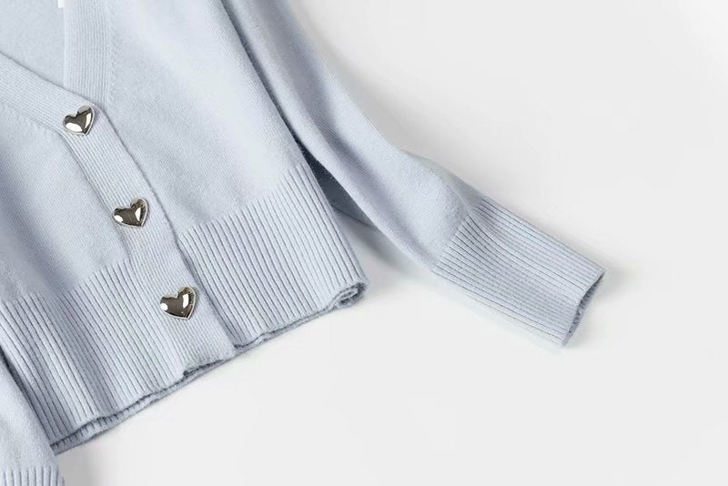 V-neck Heart Shape Button Single-breasted Knit Cardigan