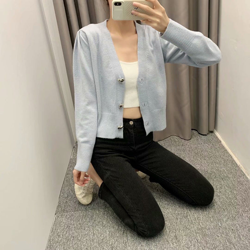V-neck Heart Shape Button Single-breasted Knit Cardigan