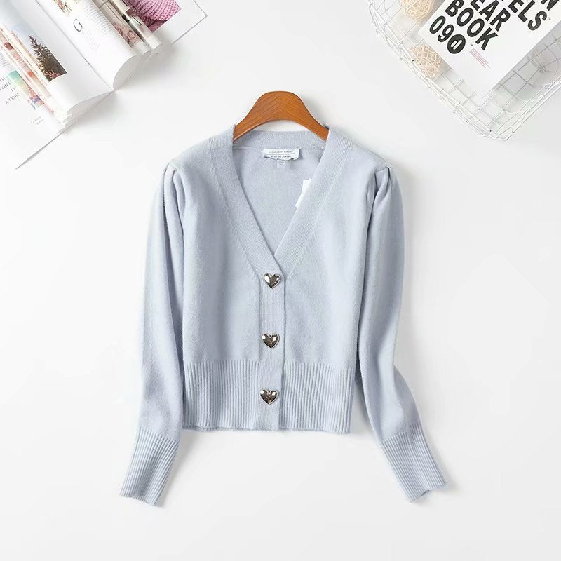 V-neck Heart Shape Button Single-breasted Knit Cardigan