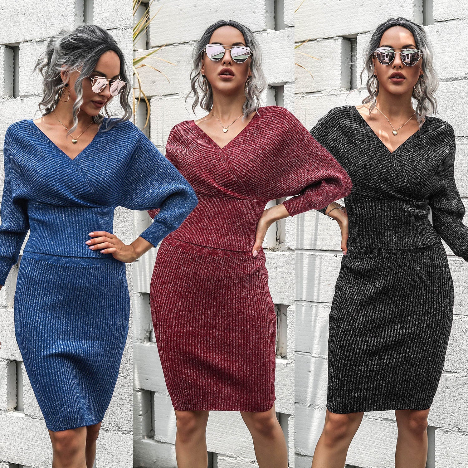 V-neck Knit Backless Bodycon Midi Dresses Two-piece Set