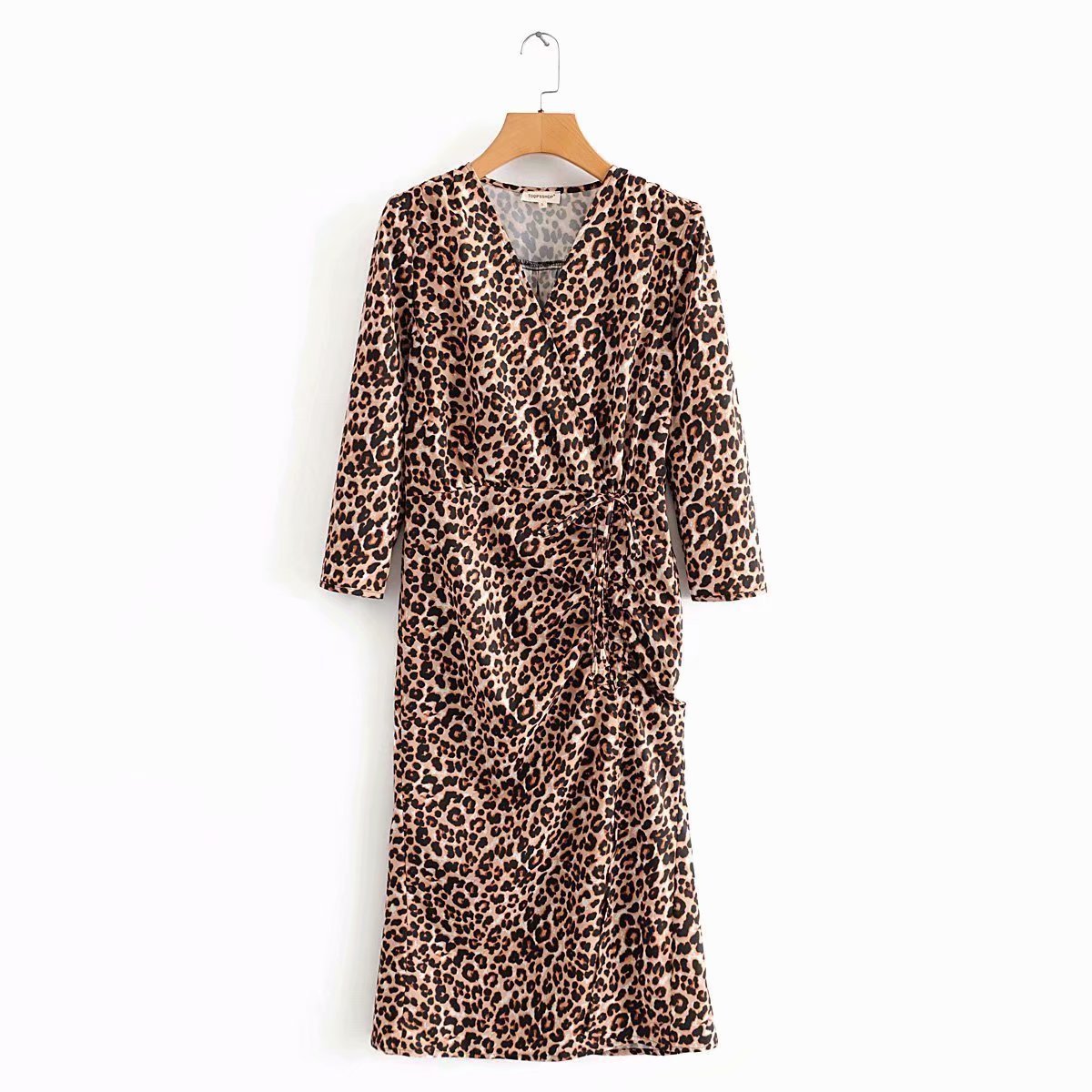 V-neck Leopard Pleated Slit Drawstring Midi Dresses