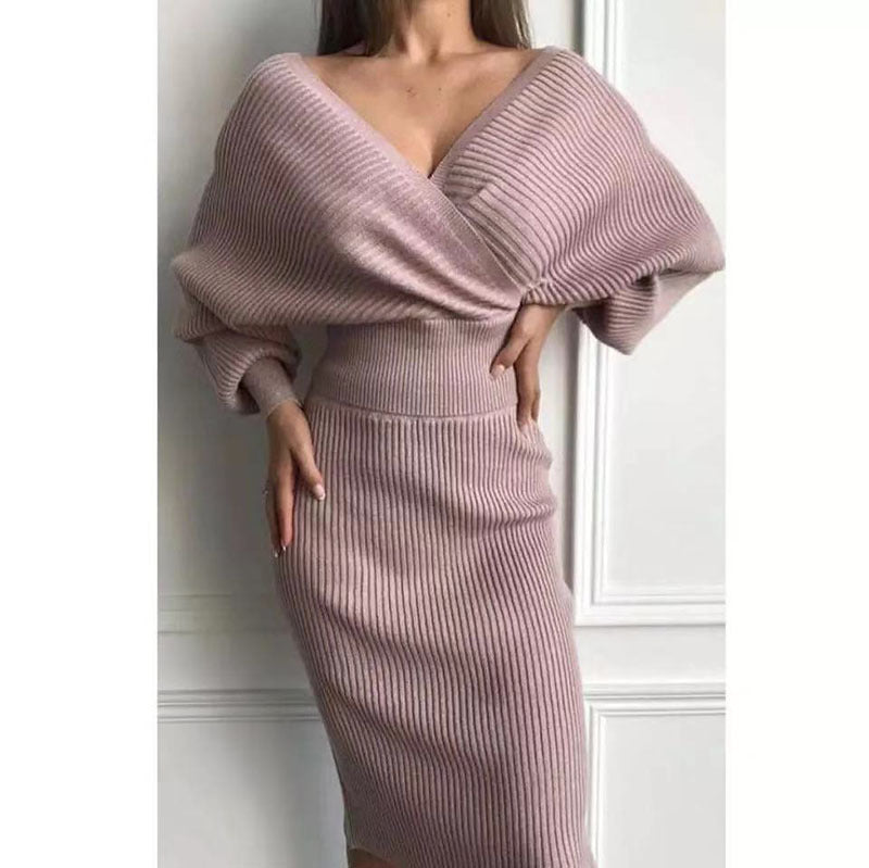 V-neck Knit Backless Bodycon Midi Dresses Two-piece Set