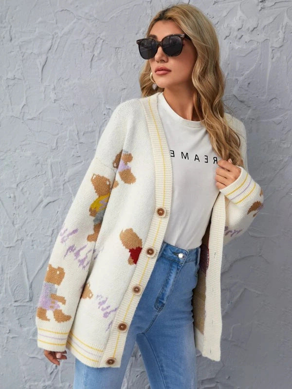 V-neck Single-breasted Bear Cartoon Knit Sweater Cardigan