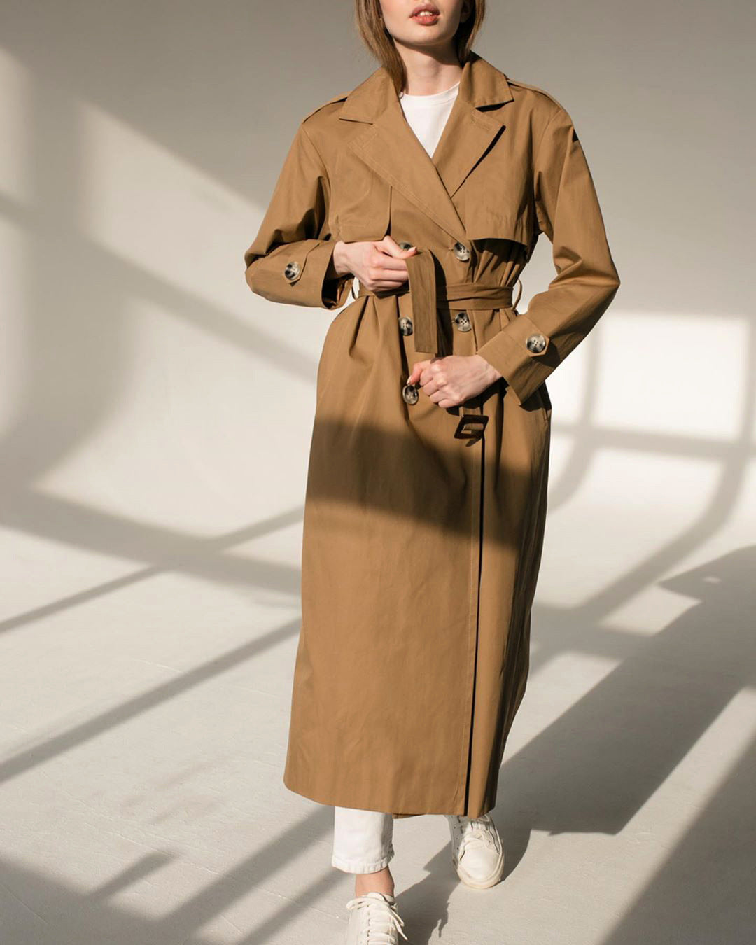 Splicing Lapel Lace-up Belt Windbreaker Coat