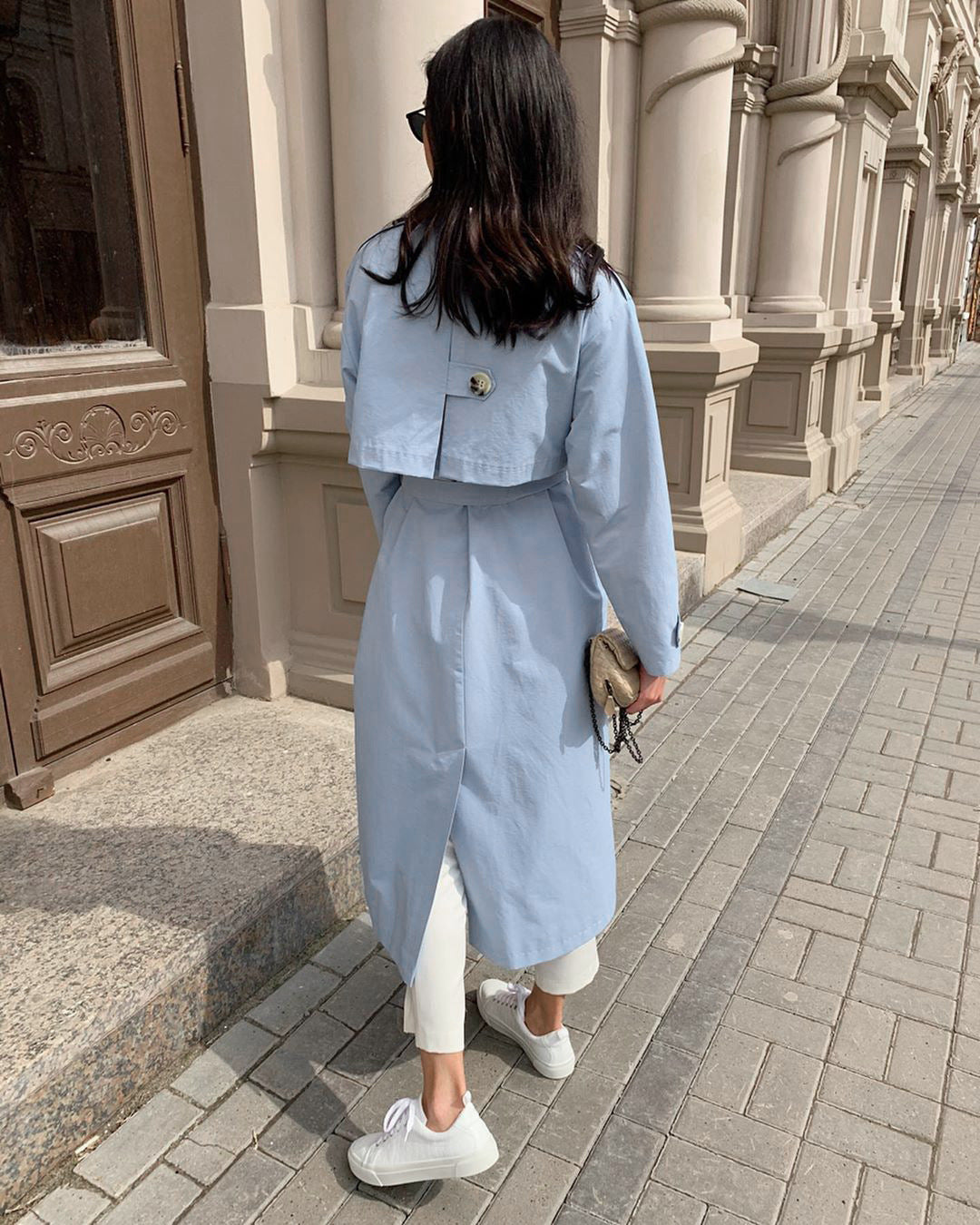 Splicing Lapel Lace-up Belt Windbreaker Coat