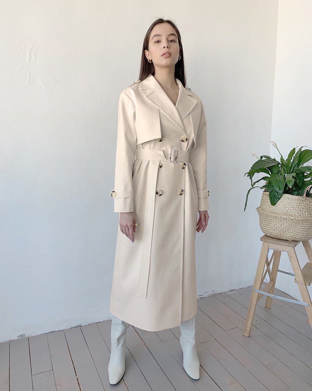 Splicing Lapel Lace-up Belt Windbreaker Coat