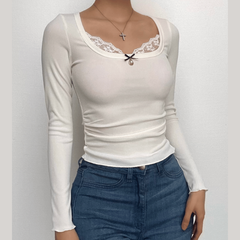 Ribbed solid lace hem long sleeve ruffle bowknot top