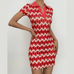 Short sleeve contrast turnover collar button mini dress