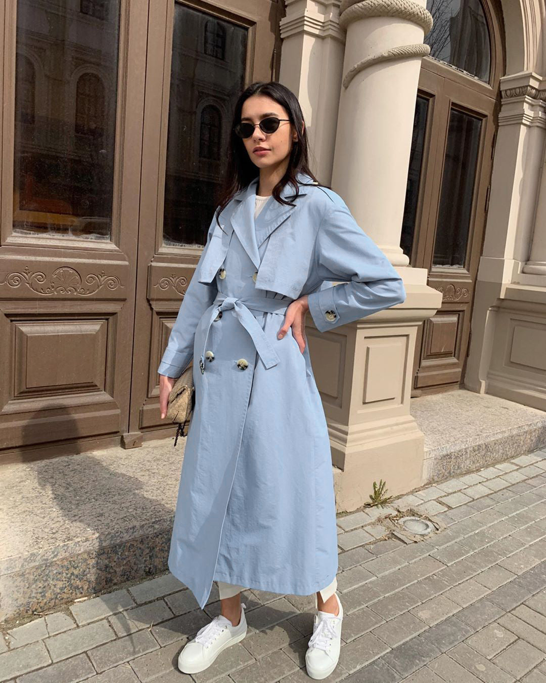 Splicing Lapel Lace-up Belt Windbreaker Coat