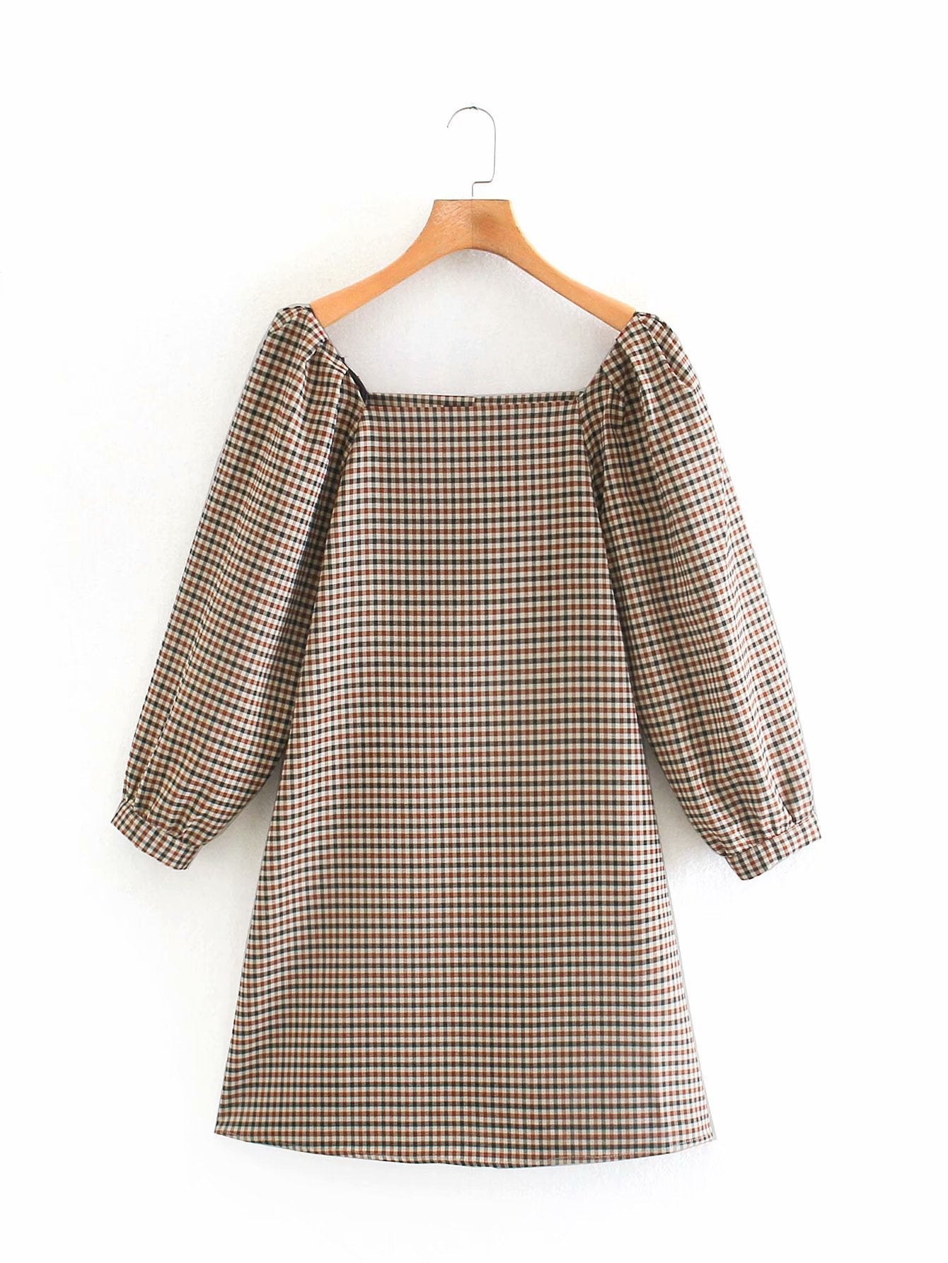 Square Collar Lattice Plaid Mini Dress