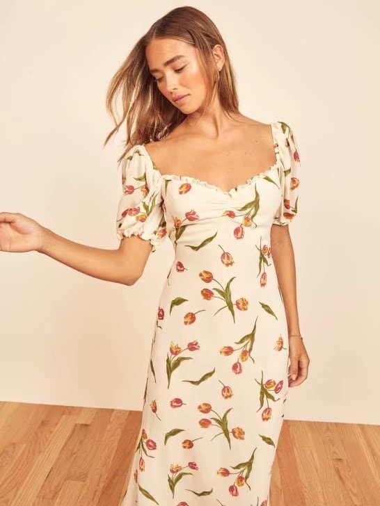 Square Collar Puff Sleeve Ruffled Backless Floral Midi Dresses