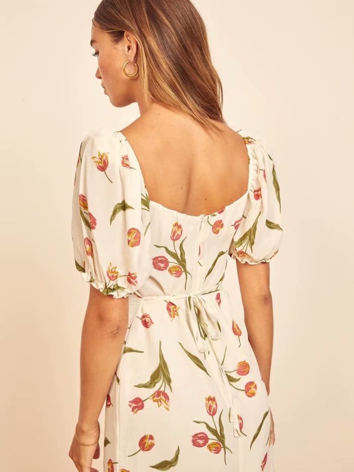 Square Collar Puff Sleeve Ruffled Backless Floral Midi Dresses