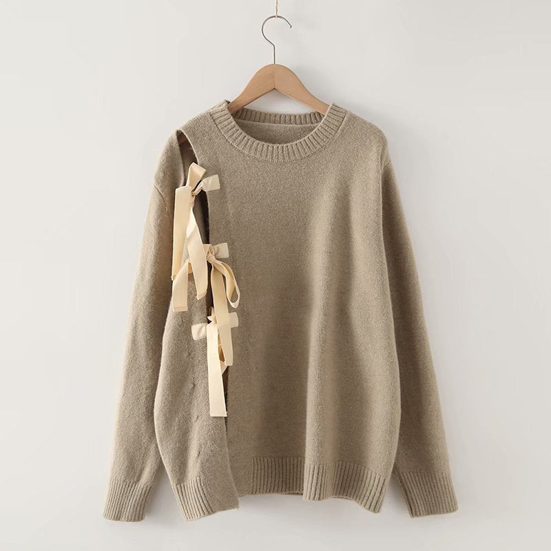 Split Bow-knot Lace-up Knit Sweater