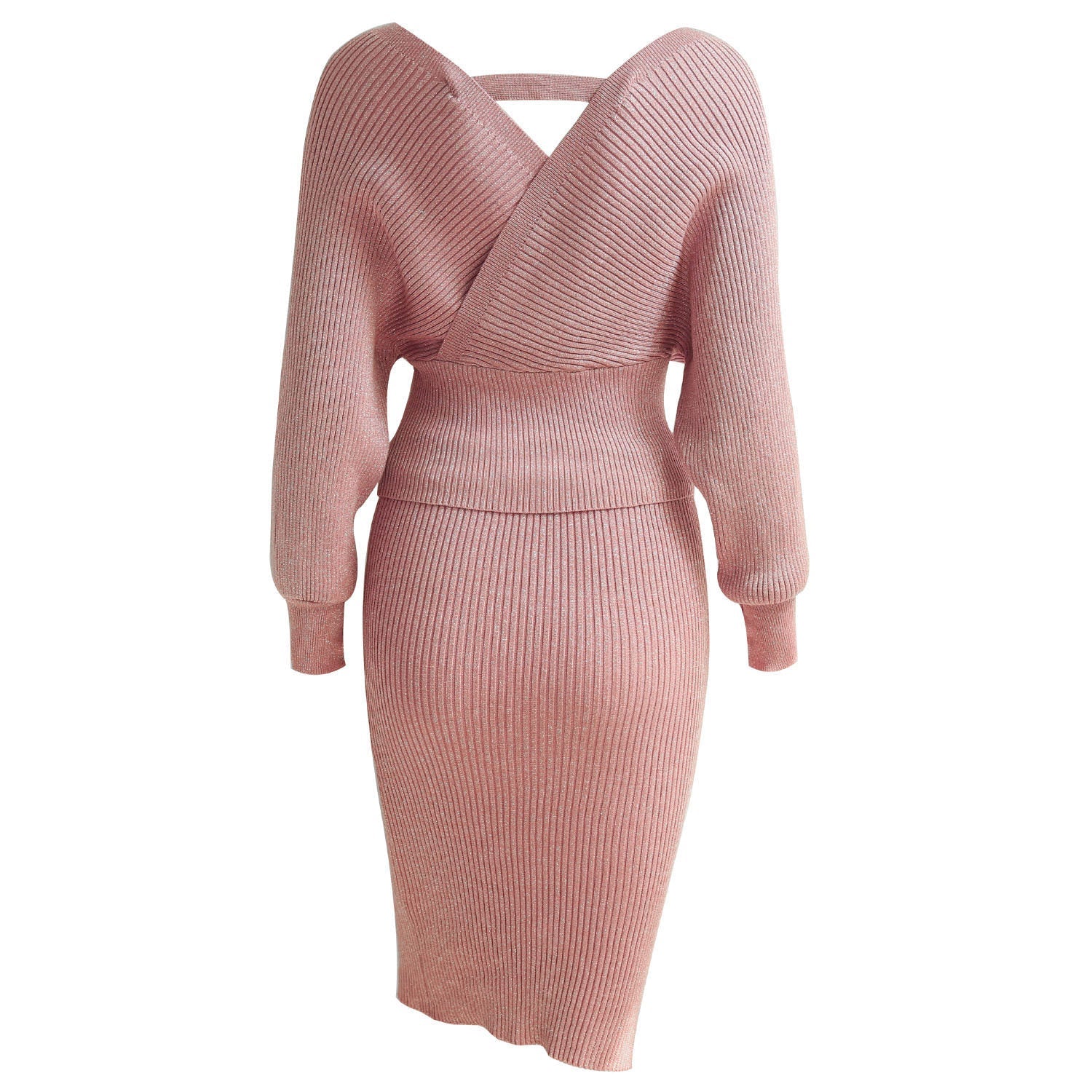 V-neck Knit Backless Bodycon Midi Dresses Two-piece Set