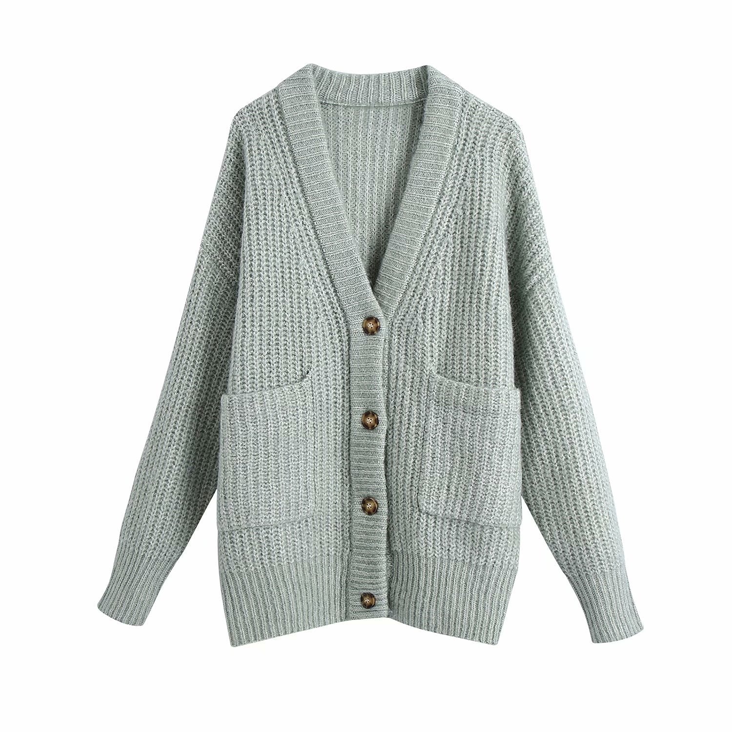 V-neck Single-breasted Knit Oversize Cardigans