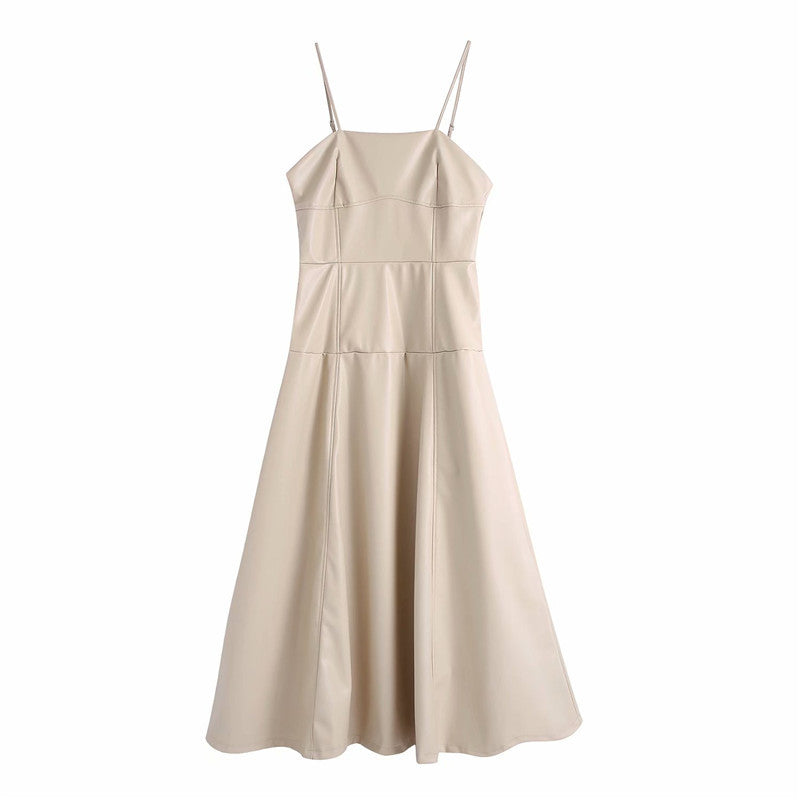 Suspenders Strapless Leather Cream Party Midi Dresses