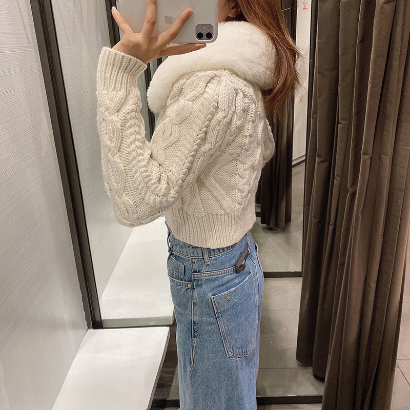 Thick Fur Pile Fleece Collar Knit Splicing Single-breasted Outerwear