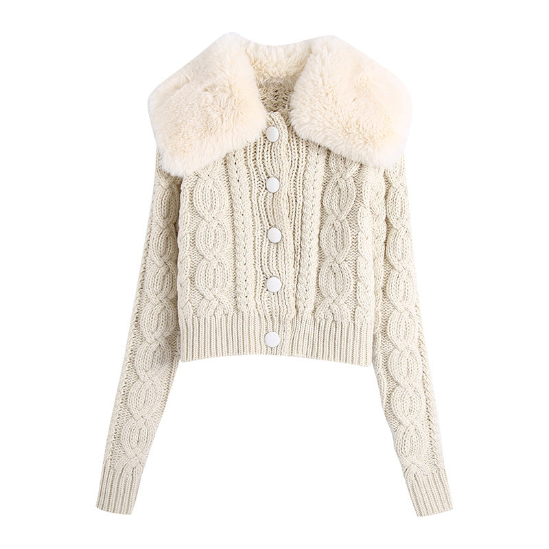 Thick Fur Pile Fleece Collar Knit Splicing Single-breasted Outerwear