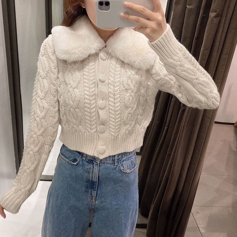 Thick Fur Pile Fleece Collar Knit Splicing Single-breasted Outerwear